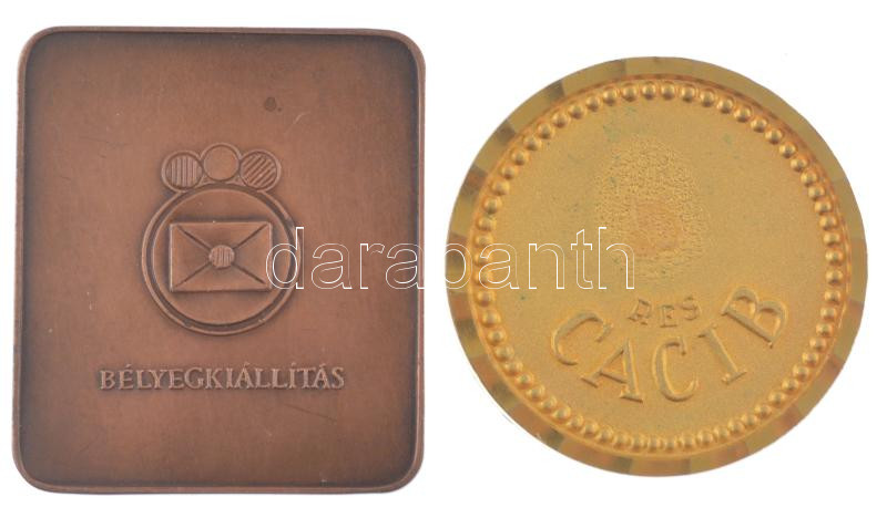 ~1990. 'Magyar Bélyeggyűjtők Országos Szövetsége - Budapest / Bélyegkiállítás' 2kr-os, levélboríték rajzú bélyeget ábrázoló bronz emlékérem, gravírozás nélkül (40,5x46,5mm) + DN 'Budapest / Res Cacib' aranyozott bronz - Image 2