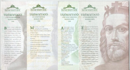 1997-2000. 7db-os színes MNB tájékoztató tétel az új bankjegykiadásokról (sarokhajlások, hajtásnyom)