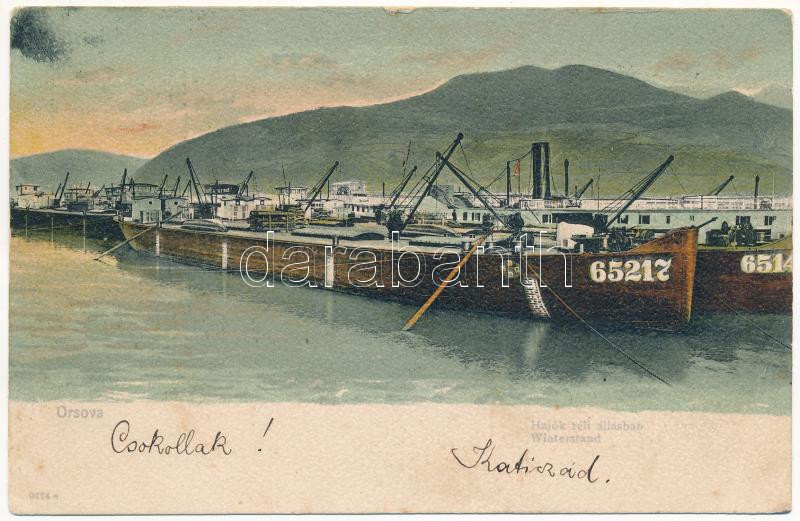 1903 Orsova, hajók téli állásban, uszályok / Winterstand / barges (EB)