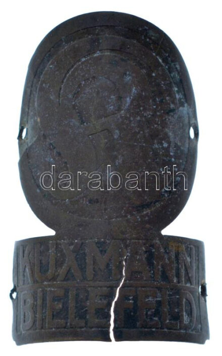 Németország DN 'Kuxmann Bielefeld' kerékpár vázra szerelhető bronz jelvény (28x52mm) T:3 rep. Germany ND 'Kuxmann Bielefeld' bronze badge that can be mounted on a bicycle frame (28x52mm) C:F crack