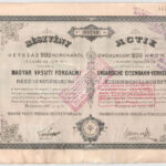 Budapest 1897. 'Magyar Vasuti Forgalmi Részvénytársaság' részvénye 200K-ról, szelvényekkel, bélyegzésekkel, osztrák okmánybélyeggel T:III szakadás