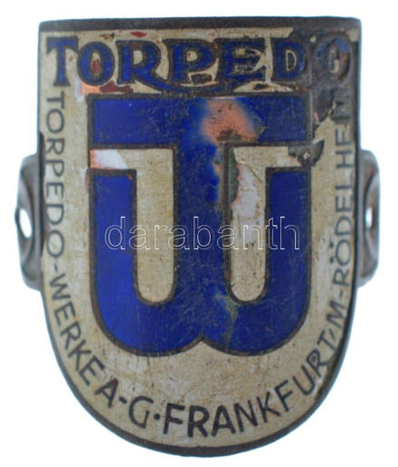 Németország DN 'Torpedo' kerékpár vázra szerelhető zománcozott bronz jelvény (35x39mm) T:2-,3 zománchiba Germany ND 'Torpedo' enamelled bronze badge that can be mounted on a bicycle frame (35x39mm) C:VF,F enamel error