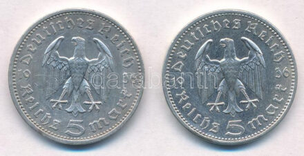 Német Harmadik Birodalom 1936A 5M Ag 'Hindenburg' (2x) T:2 karc German Third Reich 1936A 5 Mark Ag 'Hindenburg' (2x) C:XF scratched Krause KM#86