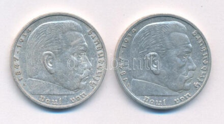 Német Harmadik Birodalom 1936A 5M Ag 'Hindenburg' (2x) T:2 German Third Reich 1936A 5 Mark Ag 'Hindenburg' (2x) C:XF Krause KM#86