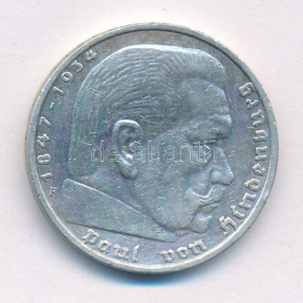 Német Harmadik Birodalom 1936F 5M Ag 'Hindenburg' T:2 patina German Third Reich 1936F 5 Reichsmark Ag 'Hindenburg' C:XF Krause KM# 86