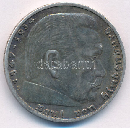Német Harmadik Birodalom 1936D 5M Ag 'Paul von Hindenburg' T:1- patina German Third Reich 1936D 5 Reichsmark Ag 'Paul von Hindenburg' C:AU patina Krause KM#86