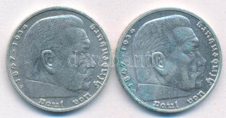 Német Harmadik Birodalom 1935D 5M Ag 'Paul von Hindenburg' (2x) T:2 patina German Third Reich 1935D 5 Reichsmark Ag 'Paul von Hindenburg' (2x) C:XF patina Krause KM#86