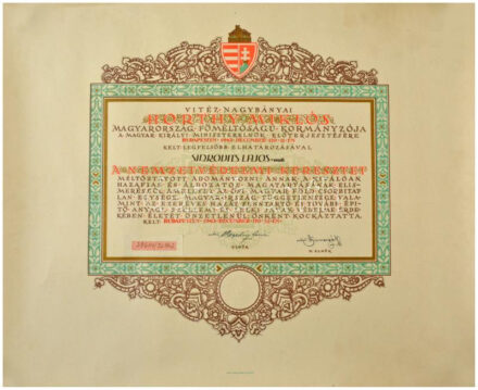 1943. 'Nemzetvédelmi Kereszt' kitüntetésnek adományozói oklevele Sinkovits Lajos részére, az 'Országos Nemzetvédelmi Bizottság' pecsétjével, eredeti postai kartonhengerben T:II hajtatlan Hungary 1943. 'National Defense Cross' awarding