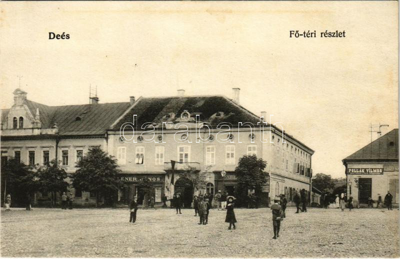 Dés, Dej; Fő tér, Pollák Vilmos, Hoffmann üzlete / main square, shops (fl)