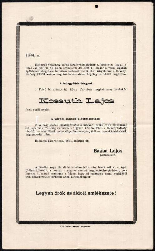 1894 Hódmezővásárhely emlékülés Kossuth Lajos halálának alkalmából meghívó 4 p