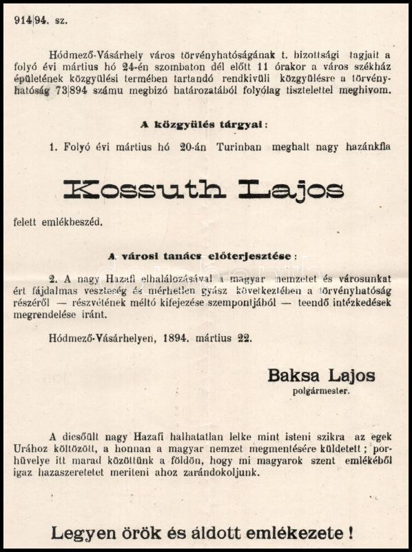 1894 Hódmezővásárhely emlékülés Kossuth Lajos halálának alkalmából meghívó 4 p - Image 2