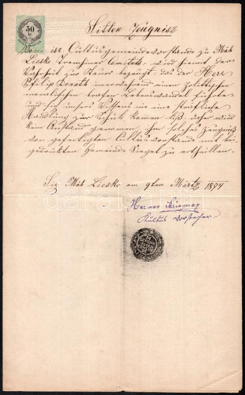 1894 Morvamogyoród zsidó hitközség által kiállított erkölcsi bizonyítvány