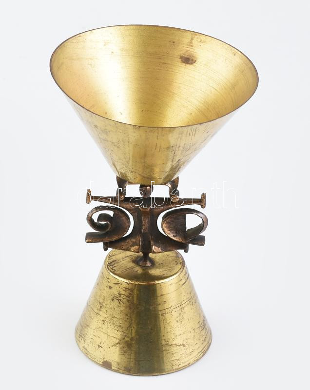 Muharos Lajos: Iparművész réz és bronz kehely, kopásokkal, Jelzés nélkül, sérült, m: 18 cm
