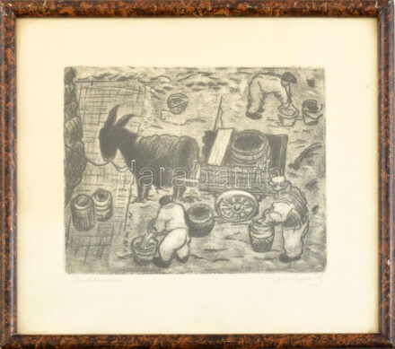 Farkasházy Miklós (1895-1964): Moslékos csacsi. Rézkarc, papír, jelzett, üvegezett fakeretben, 15,5×19,5 cm