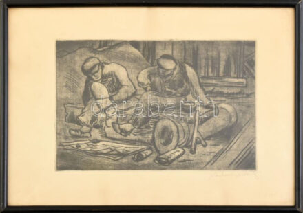 Farkasházy Miklós (1895-1964): Pihenő (cím nélkül). Rézkarc, papír, jelzett, üvegezett fakeretben, 15,5×23 cm