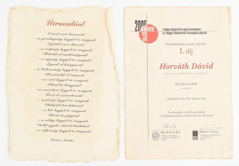 2005 Sajtófotó pályázat oklevele, I. helyezett részére