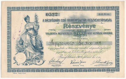 Bácsföldvár 1906. 'A Bácsföldvári Első Takarékpénztár Részvénytársaság' 200K-ról szárazpecséttel, bélyegzéssel, szelvényekkel T:I-
