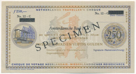 Hollandia / Amszterdam DN 'Amszterdami Bank Utazási Csekk' 250G-ről, 'MINTA' felülbélyegzéssel, kitöltetlen T:1- gemkapocs nyom Netherlands / Amsterdam ND 'Amsterdamsche Bank' traveller's checque of 250 Gulden with 'SPECIMEN overprint,