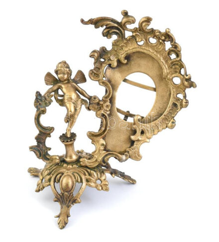 Tündéres bronz asztali képtartó, m: 16 cm, fotóméret: 9x6 cm, kopott