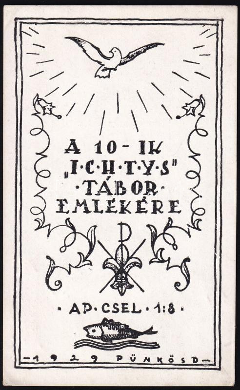 1929 Kézzel rajzolt emléklap, hátoldalán az 1.sz. B.K.I. E. cserkészcsapat bélyegzőjével