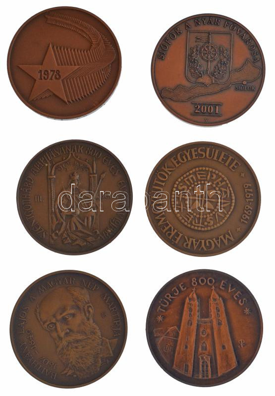 6 darabos bronz emlékérem tétel, közte 'Siófok a nyár fővárosa', 'MÉE Szombathely', 'Batthyány Lajos', 'Türje 800 éves' (42mm) T:1-,2