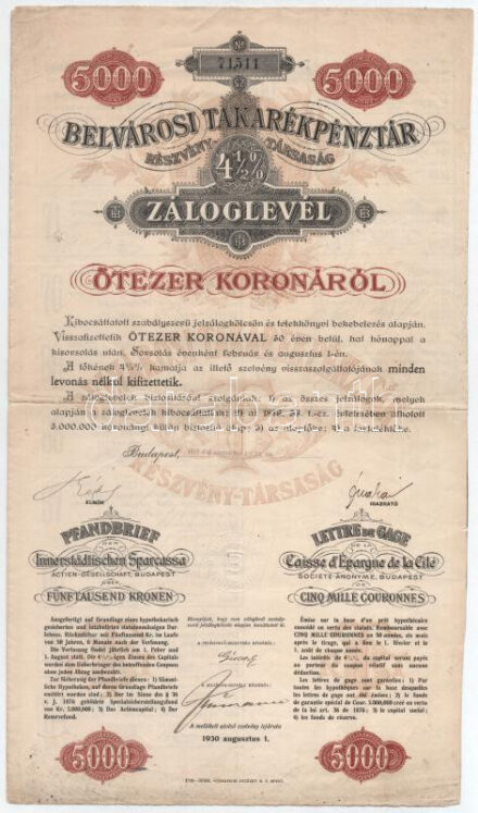 Budapest 1918. 'Belvárosi Takarékpénztár Részvénytársaság' 4 1/2%-os záloglevél 5000K-ról három nyelven, szelvényekkel, szárazpecséttel, vízjeles papíron T:III