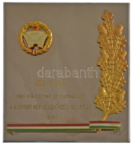 1981. 'Központi Népi Ellenőrzési Bizottság' aranyozott, ezüstözött, részben műgyantás, részben zománcozott kitüntető plakett dísztokban (105x89mm) T:1-