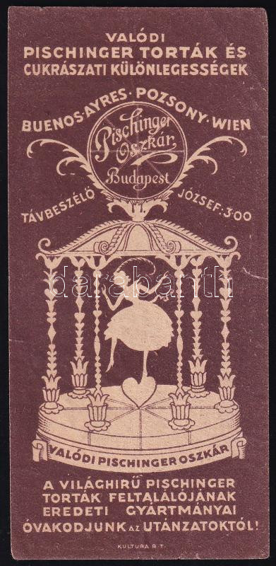 Pischinger Oszkár torták és cukrászati különlegességek (Buenos Aires, Pozsony, Bécs, Budapest) számolócédula