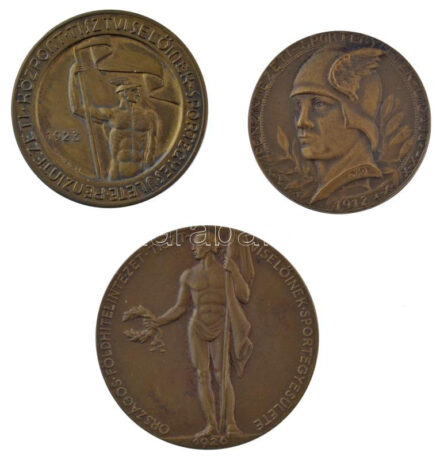 Berán Nándor (1889-1965) 1939. 'Országos Földhitelintézet Tisztviselőinek Sportegyesülete' kétoldalas bronz díjérem, hátoldalán 'TENNISZ 1939. II. O. III.' + 1923. 'Pénzintézeti Központ Tisztviselőinek Sportegyesülete' kétoldalas