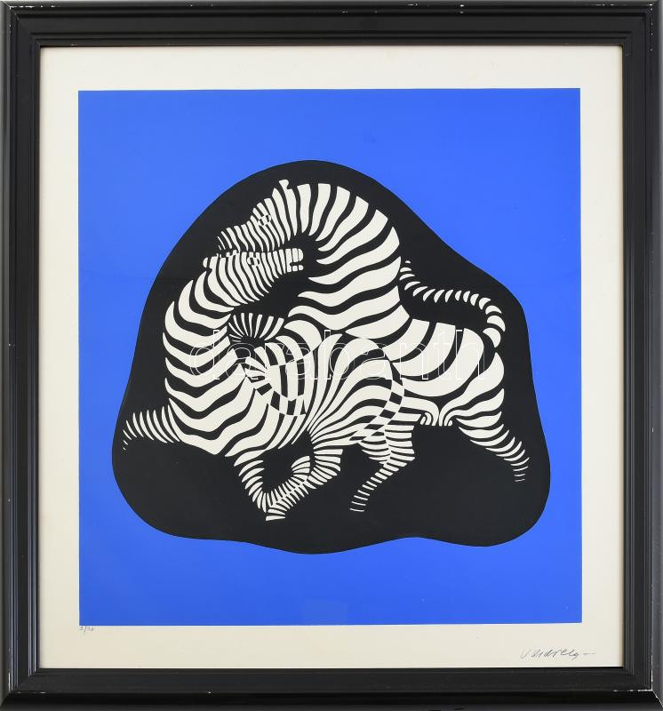 Vasarely, Victor (1908-1997): Zebrák. Szitanyomat, papír, jelzett a nyomaton, számozott (3/90), üvegezett fakeretben, 42×42 cm, keretezett méret: 55,5 x 55,5cm / Vasarely, Victor (1908-1997): Zebras. Screenprint on paper, with printed