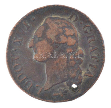 Franciaország 1790. 1S 'XVI Lajos' T:3 lyuk France 1790. 1 Sol 'Louis XVI' C:F hole