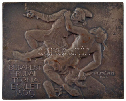 Reményi József (1887-1977) 1930. 'Budapesti Budai Torna Egylet 1869' ezüstözött bronz emlékplakett, hátlapon '1500 M - ORSZÁGOS GYORSKORCSOLYÁZÓ VERSENY - I. DÍJ - 1925. I. 27.' gravírozással (49x61mm) T:1-,2 patina HP 2210.