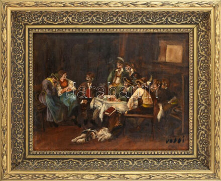 Olvashatatlan jelzéssel: Társaság. Olaj, fa, dekoratív fakeretben, 32x42 cm