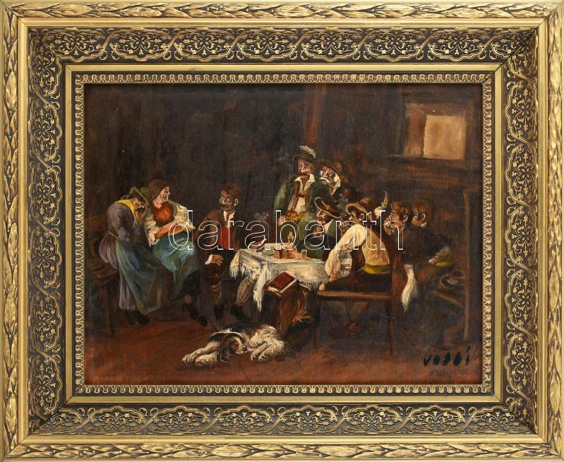 Olvashatatlan jelzéssel: Társaság. Olaj, fa, dekoratív fakeretben, 32x42 cm