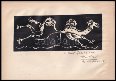 Illés Árpád (1908-1980): Teve átmegy a tű fokán (cím nélkül). Linómetszet, papír, jelzett. Lap alján Illés Árpád autográf ajándékozási soraival 1966-ból. 9,5x23 cm