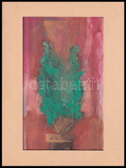 Oláh Tamás (1949-2014), 2 db mű: Csendélet oszlop előtt (cím nélkül). Vegyes technika, papír, mindkettő jelzett a hátoldalán. Paszpartuban. 23x14 cm