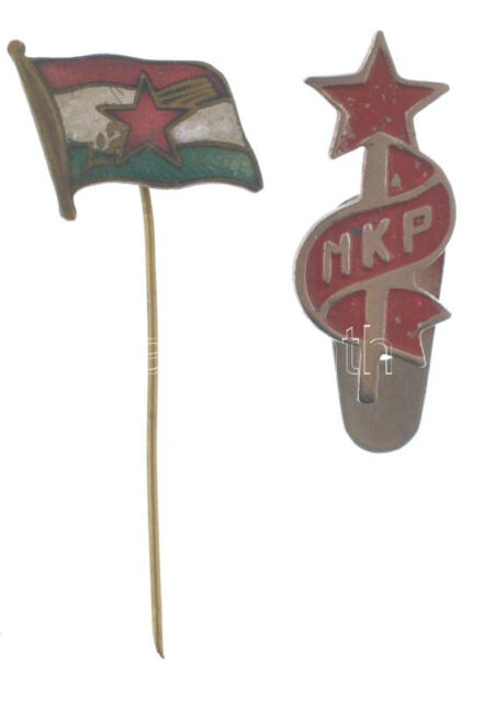 ~1950. 'MKP (Magyar Kommunista Párt)' zománcozott bronz jelvény + 'MKP (Magyar Kommunista Párt)' festett fém gomblyukjelvény T:2 kopott festés
