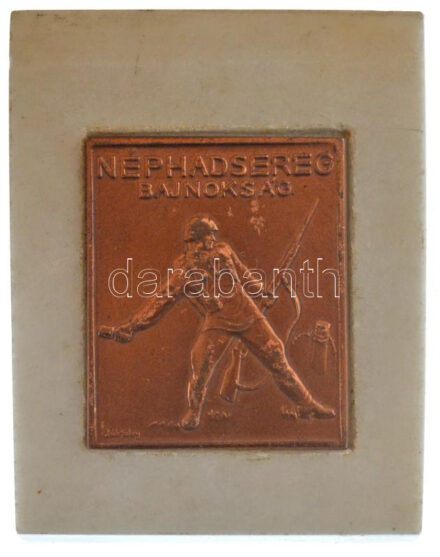 1953. 'Néphadsereg Bajnokság' bronzozott fém plakett, hátoldalon 'KÉZILABDA 1953 III.' gravírozással, márvány posztamensen. Szign.: Jákfalvy (60,5x50mm) T:2