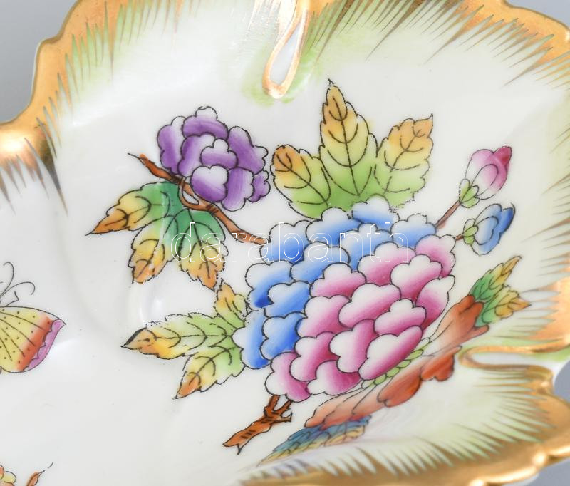 Herendi porcelán Viktória mintás leveles tálka, kézzel festett, jelzett, hibátlan, 15×8,5 cm - Image 2
