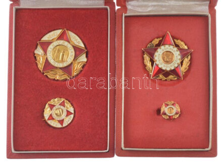 ~1960-1970. 'Nehézipar Kiváló Dolgozója' műgyantás, fém jelvény miniatűrrel, tokban + 'Gépipar Kiváló Dolgozója' műgyantás fém jelvény és miniatűr, eredeti tokban T:1, a tok belső ragasztása elengedett