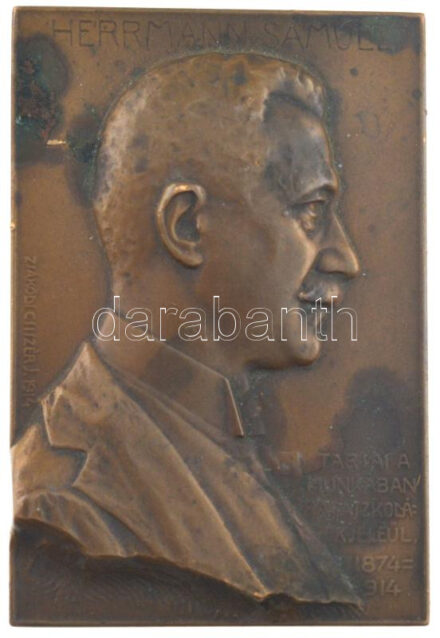 Zsákodi Csiszér János (1883-1953) 1914. 'Herrmann Sámuel - Társai a munkában, ragaszkodásuk jeléül 1874-1914' egyoldalas bronz plakett (74x51mm) T:2 fo., patina