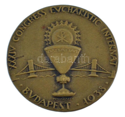 Madarassy Walter (1909-1994) 1938. 'XXXIV. Nemzetközi Eucharisztikus Kongresszus Budapest' bronz gomblyukjelvény hátlapon 'Ludvig Bp.' gyártói jelzéssel (23mm) T:1-,2