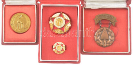 ~1960. 'Nehézipar Kiváló Dolgozója' műgyantás jelvény miniatűrrel, tokban (34mm) + 'Vegyi Ipar Kiváló Dolgozója' Cu-Zn jelvény eredeti tokban (30mm) + 'Az Építőipar Kiváló Dolgozója' bronz jelvény tokban (31mm) T:1