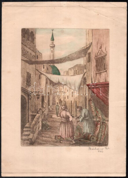 Bárkányi Pál (?-?): Közel-keleti utcakép minarettel, 1933. Színezett rézkarc, papír, jelzett, lapszéli törésekkel, 23,5x17,5 cm