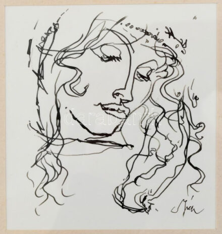 Szász Endre (1926-2003) Ezeregyéjszaka meséi. sorozat egy része. Tus, papír, szép üvegezett fakeretben, hátoldalon: Művészetileg ellenőrzött pecsét jelzett. 10x9 cm