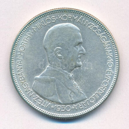 1930. 5P Ag 'Horthy jobbra' hajas T:2 patina Adamo P8