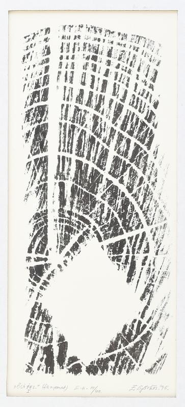 Zubovits Győrkös Erzsébet (?-): 'Ősi jel I.'. Fanyomat, papír, jelzett, művészpéldány E.A. III/VII. számozással. Hátoldalán autográf felirattal. Paszpartuban. 23x9,5 cm.