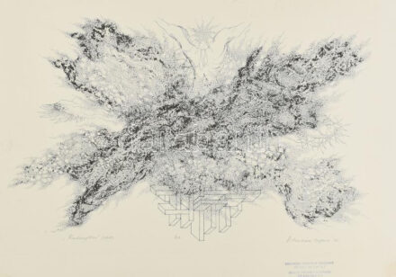 Ábrahám Rafael (1929-2014): Redemption, 1986. Ofszet, papír, jelzett, művészpéldány E.A. jelzéssel. Hátoldalán autográf felirattal. Lap alján Magyar Kultúrális Intézet, Szófia, bélyegzőjével. Felső részén törésnyommal. 34x52