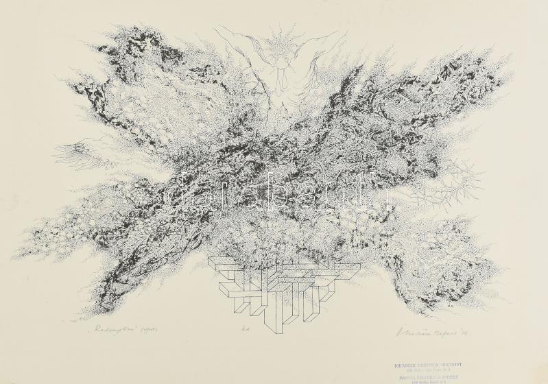Ábrahám Rafael (1929-2014): Redemption, 1986. Ofszet, papír, jelzett, művészpéldány E.A. jelzéssel. Hátoldalán autográf felirattal. Lap alján Magyar Kultúrális Intézet, Szófia, bélyegzőjével. Felső részén törésnyommal. 34x52