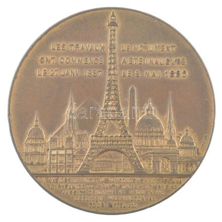 Franciaország 1889. 'Emléktárgy az Eiffel-torony csúcsára való felemelkedésemről' kétoldalas, aranyozott Cu emlékérem. Szign.: L. Trotin (42,5mm) T:1- kis ph. France 1889. 'Souvenir of my Ascent to the Eiffel Tower' two-sided, gilt Cu